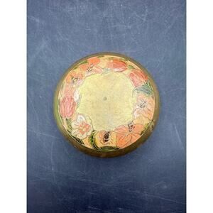 Vintage Indian Brass Painted Round Box with Floral Design